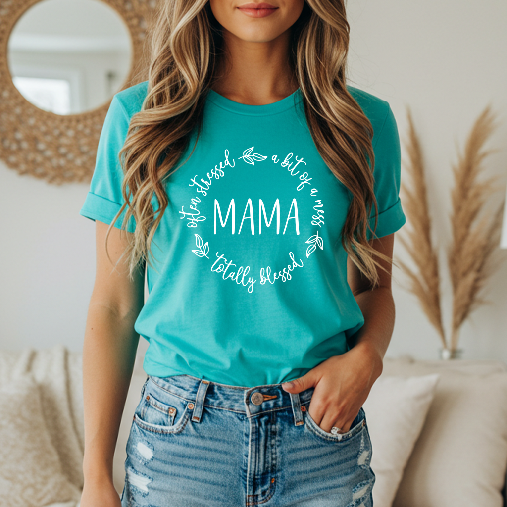 Mama often stressed, totally blessed short sleeve tshirt